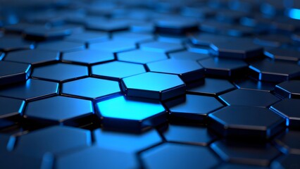 Fototapeta premium Blue hexagonal grid pattern with glowing center, abstract technological surface