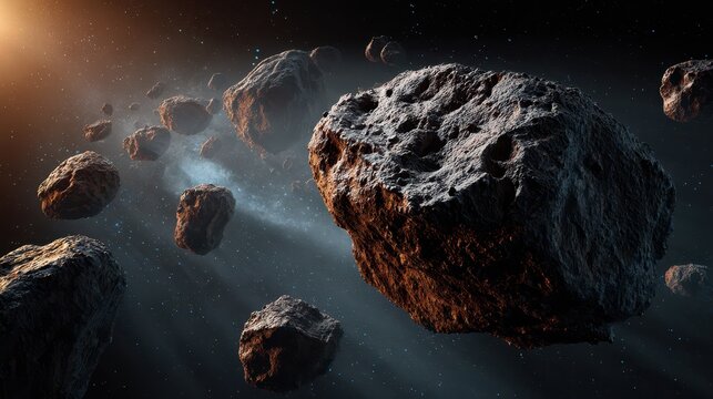 Textured basaltic asteroids in a quiet space scene with a starry backdrop