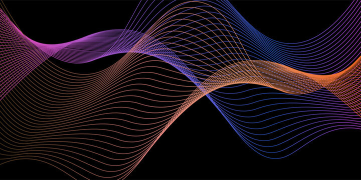 Smooth neon sound wave on black background. Abstract flowing wavy lines design for ai concept, eq equalizer, audio record, voice assistant. Blue pink orange gradient curve stripe wallpaper. Vector