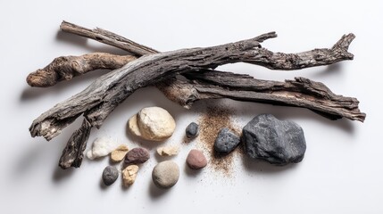Texture-rich wood fragments, soil, and stones arranged as campfire fuel on white backdrop
