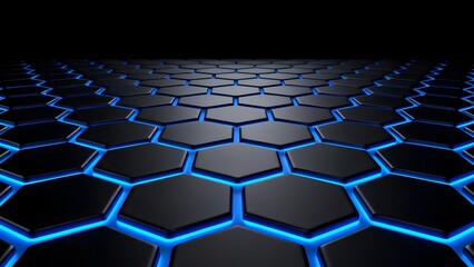 Naklejka premium A futuristic hexagonal grid with glowing blue edges on a dark surface