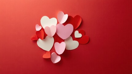 Obraz premium Valentine mood flat lay with scattered hearts and a red background for a sale campaign