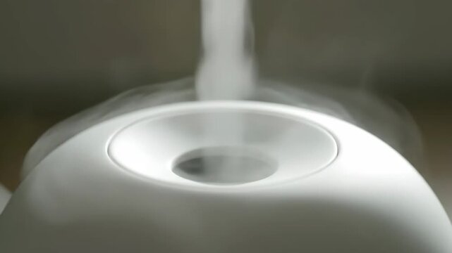 Close up of a white humidifier emitting mist, creating a refreshing atmosphere for home wellness and air quality improvement