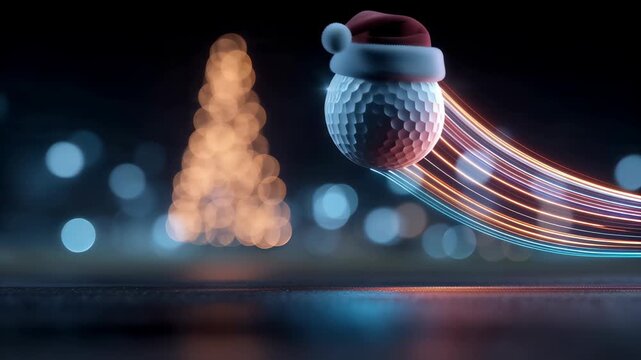 Festive golf concept featuring a golf ball wearing a Santa hat