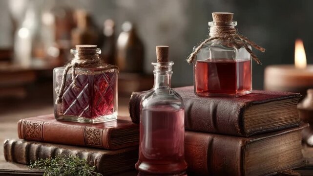 Vintage potion bottles with colored liquids on old book in moody lighting setup. DIY potion bottles and spell books, concept of alchemy and magic