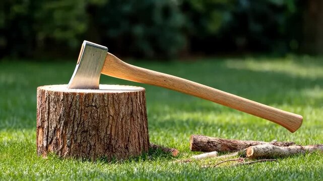 Wood chopping session on a sunny day in a backyard with an axe resting on a log and cut branches nearby