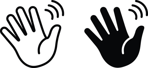 Obraz premium Waving hand gesture icon set showing outline and solid style greeting signal communication symbol black flat vector illustration isolated on white background