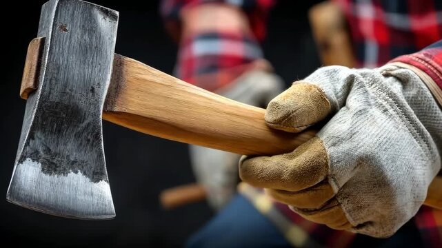 Person holds an axe with a wooden handle and a metal blade while wearing gloves in a work setting
