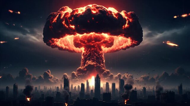 Massive nuclear explosion engulfs city skyline, mushroom cloud and fireballs