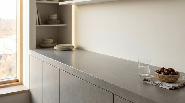 Serene kitchen counter with Ramadan decorations and Eid Ramadan background, featuring dates, water, and modern cabinetry, viewed from a calm angle