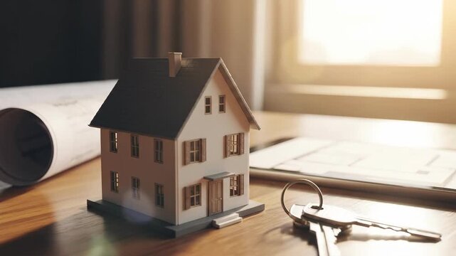 Toy house model with roll blueprint and house key on wood desk for real estate and home ownership concept.