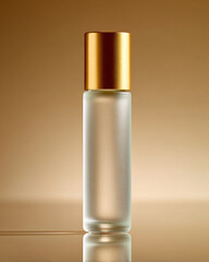 Unlabeled frosted glass vial on neutral background with space for label design