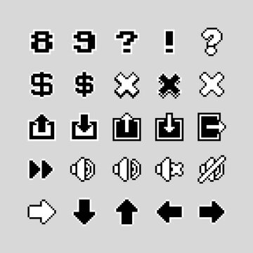 Monochrome pixel UI icon set for retro games and applications. Includes warning symbols, arrows, sound controls, exit buttons and system actions, HUD, menus, arcade and 8bit interfaces.
