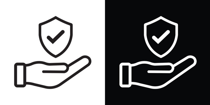 Security and insurance icon showing a shield with a checkmark over a cupped hand. Concept for data protection, safety guarantee, reliable service, and cybersecurity.