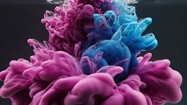 Pink and blue ink spreading in water, creating abstract flowing smoke formations. Dynamic liquid art for cosmetic branding background.
