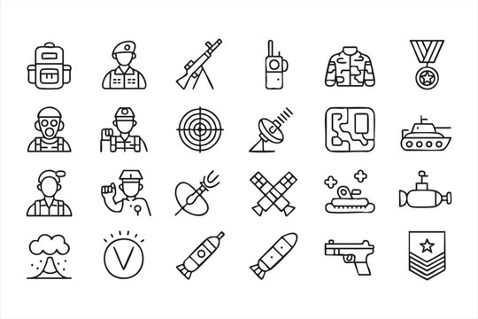 Military line icon collection, army soldiers, weapons, radar and defense symbols