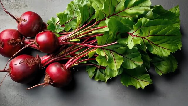 Fresh beets with greens shown on a dark surface in a kitchen setting ready for cooking or salad preparation