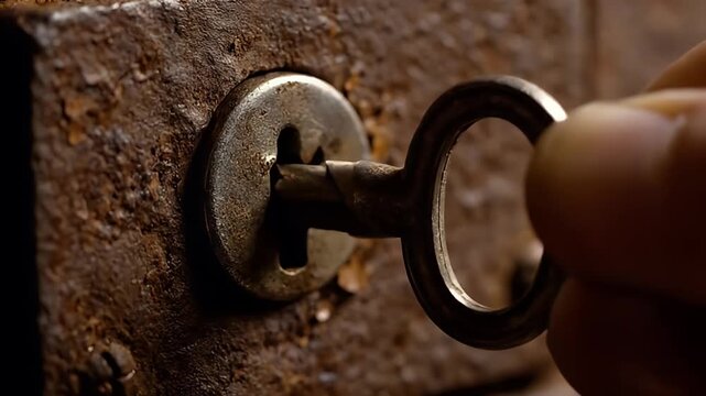 A person's hand inserts an antique metal key into a heavily rusted, aged keyhole on an old lock.