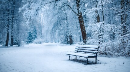 Snow Covered Park Bench in a Winter Wonderland Forest.