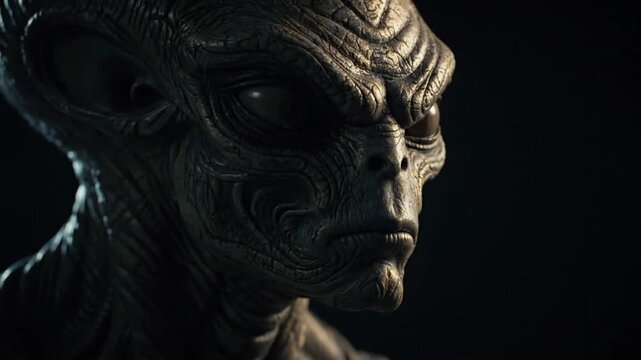 Alien portrait close-up detailed dramatic creature face on black background