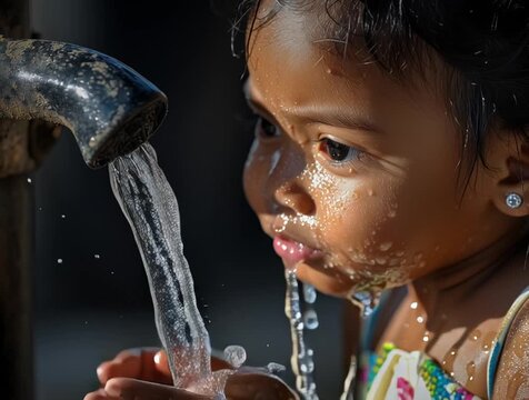Little girl drinking fresh water directly from a village well
