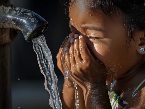 Little girl drinking fresh water directly from a village well
