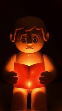 Lonely Child Holding Glowing Book in Darkness