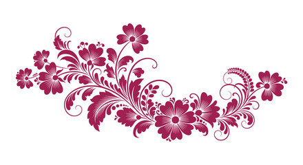 A delicate floral arrangement featuring swirling vines and stylized magenta blossoms against a white backdrop high quality professional