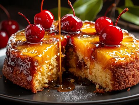 Delicious homemade pineapple upside-down cake with maraschino cherries, sliced and ready to serve