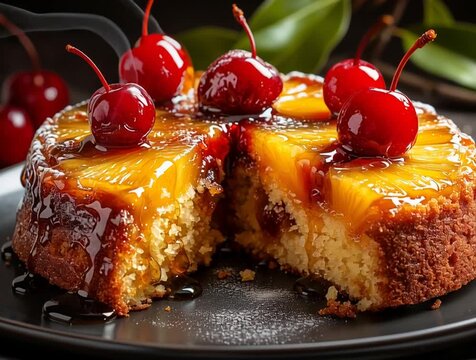 Delicious homemade pineapple upside-down cake with maraschino cherries, sliced and ready to serve