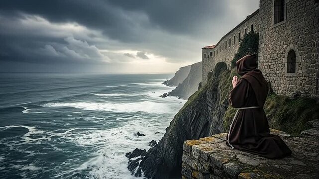 Solemn monk in robes praying on a dramatic cliff edge overlooking a stormy, powerful ocean with rough waves.