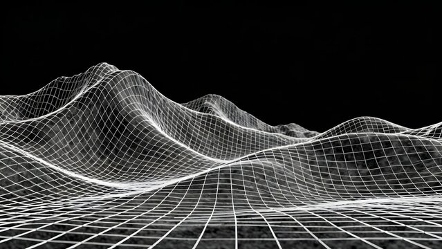 Abstract 3D wireframe landscape with flowing grid patterns on a black background