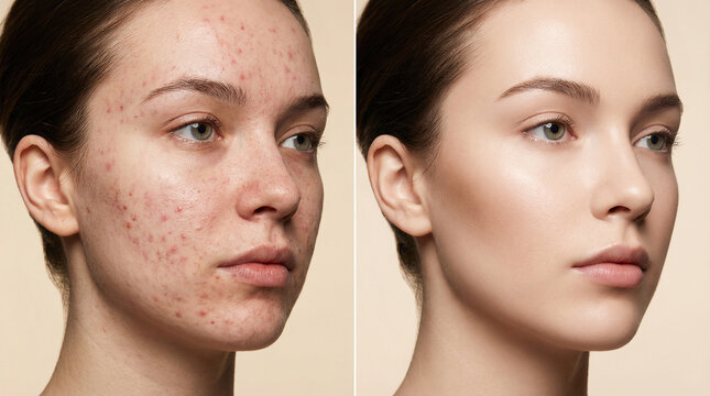 Acne treatment before and after comparison showing young woman with problematic skin versus clear smooth complexion, skincare and dermatology concept