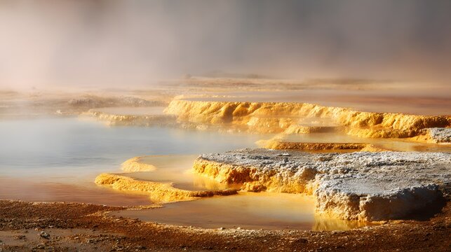 Steaming Geothermal Terraces with Mineral Deposits Under Golden Sunlight.