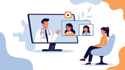 Young woman sitting in a chair and having a virtual medical consultation with a doctor through a large computer monitor.