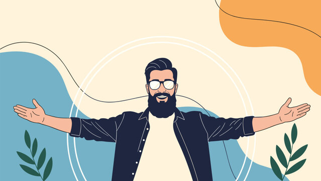 Happy bearded man with glasses and open arms standing confidently against a background of colorful abstract shapes and plants.