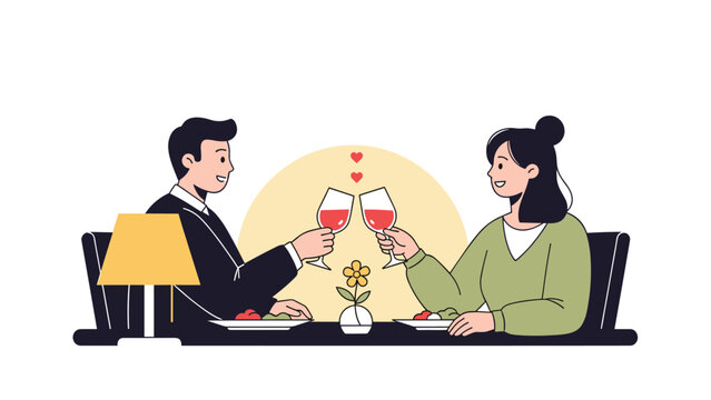 Romantic couple shares a celebratory toast with glasses of red wine during an intimate dinner date featuring a warm glowing background.