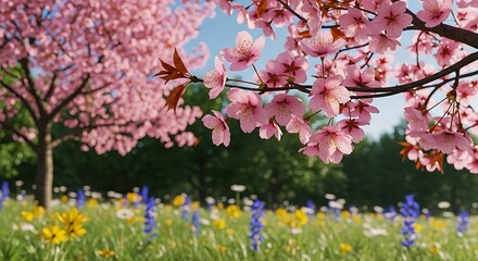Obraz premium Vibrant pink cherry blossoms bloom in springtime field with colorful wildflowers