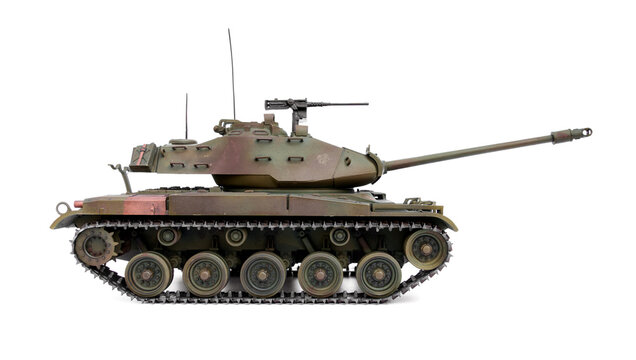 Scale model of USA old light tank isolated on white background.
