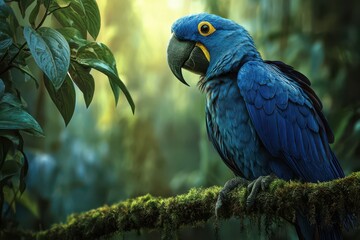 Obraz premium Vibrant blue macaw among green jungle foliage in natural light