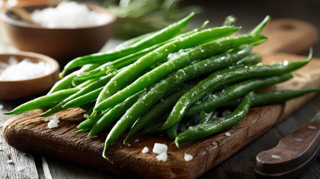 Vibrant haricots verts: farm-fresh green vegetables on a wooden surface