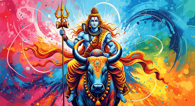 Blue skinned Lord Shiva rides Nandi bull vibrant abstract background
