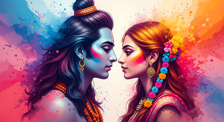 Obraz premium Hindu deities Shiva and Parvati with colorful Holi powder