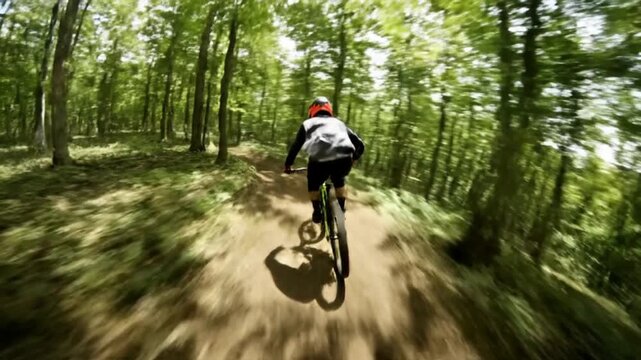 Mountain bike rider descending fast forest trail, extreme downhill mountain biking action, cyclist riding through sunny green woodland path