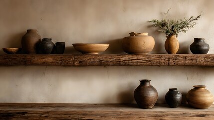 Rustic Ceramic Pottery Collection Displayed on Wooden Shelves.