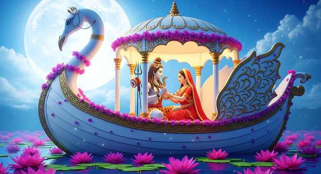 Lord Shiva and Parvati seated in a swan boat surrounded by lotuses