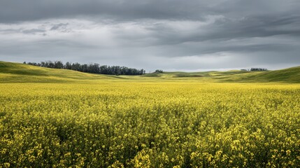 Wide landscape of a blooming canola field beneath an overcast sky
