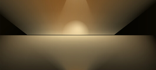 Dark gold gradient background studio with two lights shiny abstract pattern, modern and luxury empty room interior for premium product display lighting.