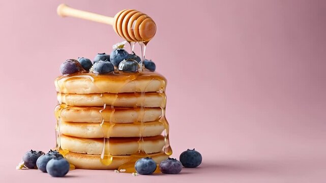 Stack of fluffy pancakes with honey drizzle and fresh blueberries on pink background