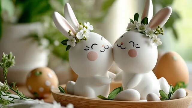 Adorable easter bunny eggs with floral crowns in spring decor setting